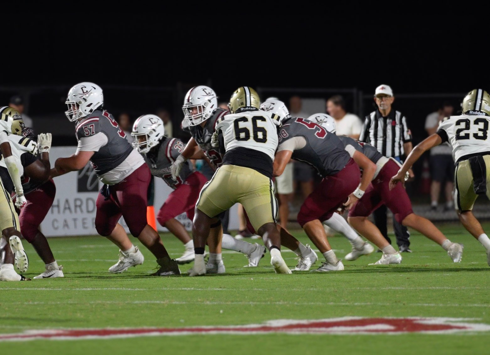 Caledonia's linemen drive off the snap against Amory